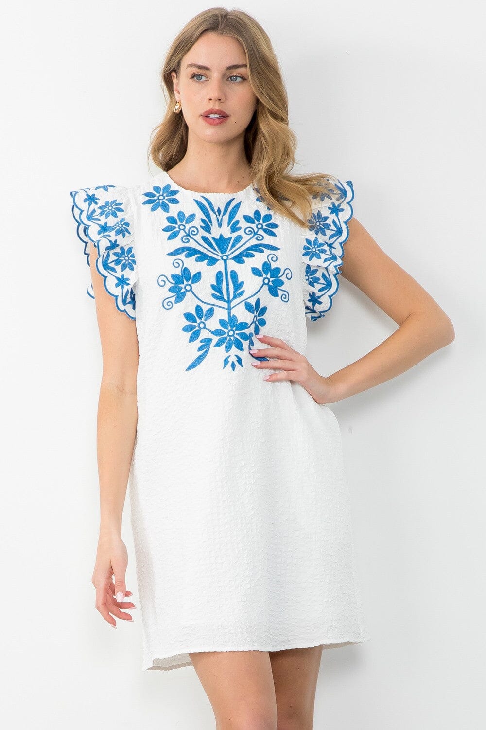 Flutter Sleeve Textured Embroidered Dress thml