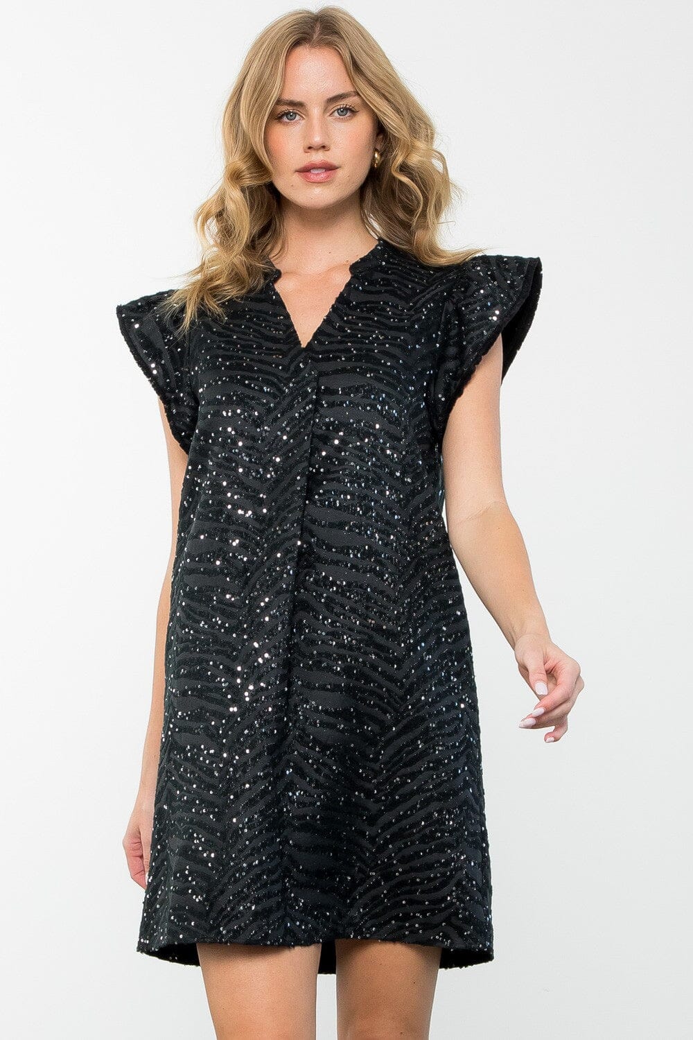 Flutter Sleeve Textured Sequin Dress thml