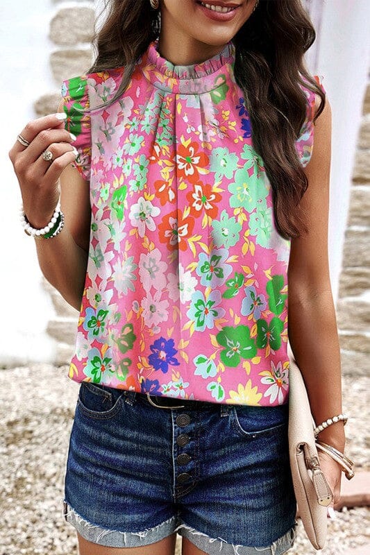 Frilled Neck Floral Sleeveless Top Shewin
