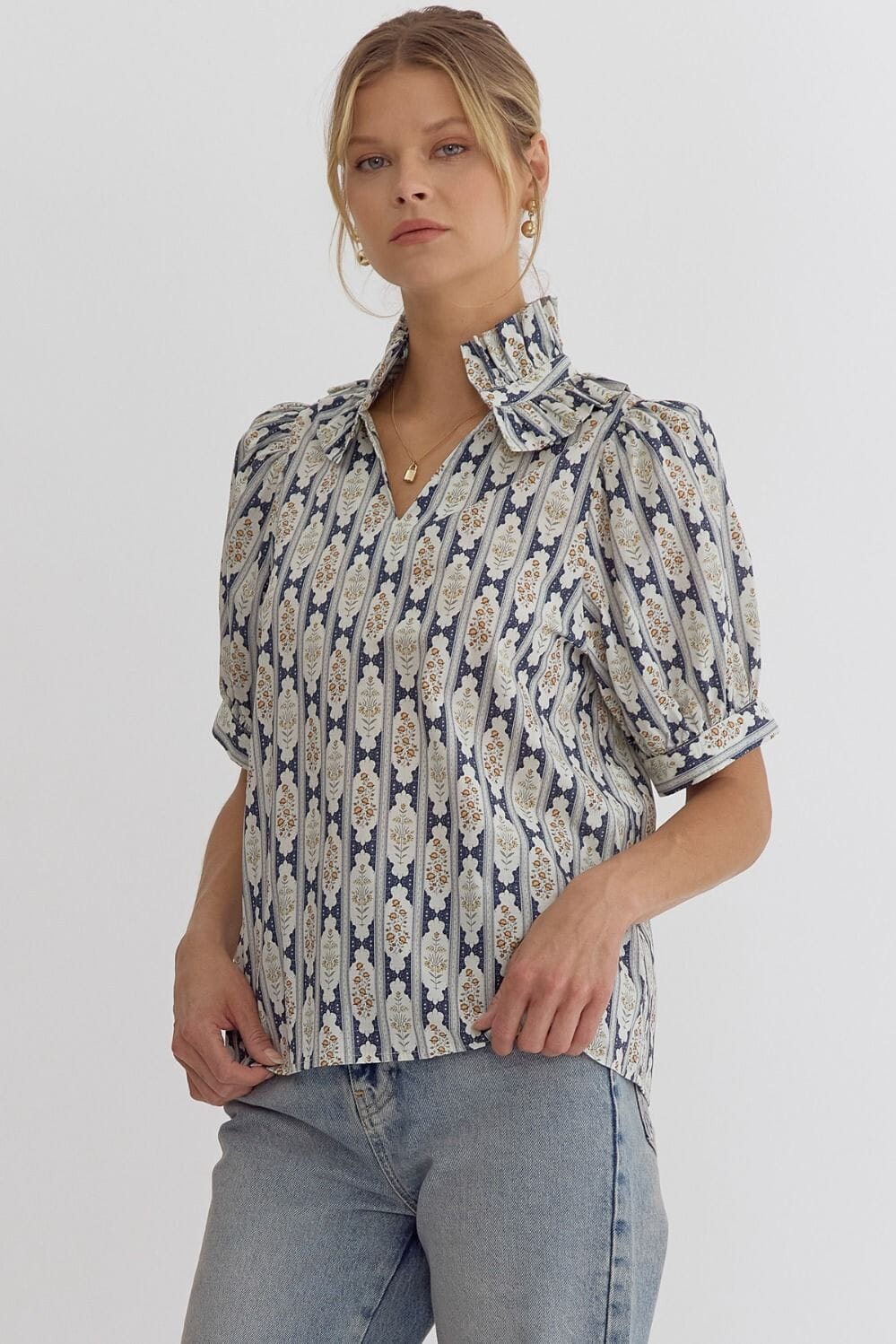 Frilled Neck Medallion Print Top Entro
