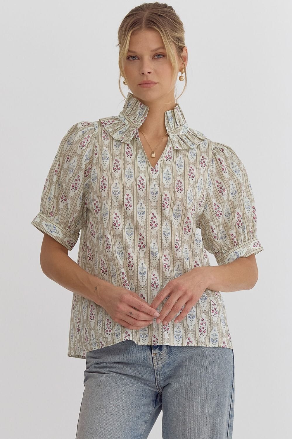 Frilled Neck Medallion Print Top Entro
