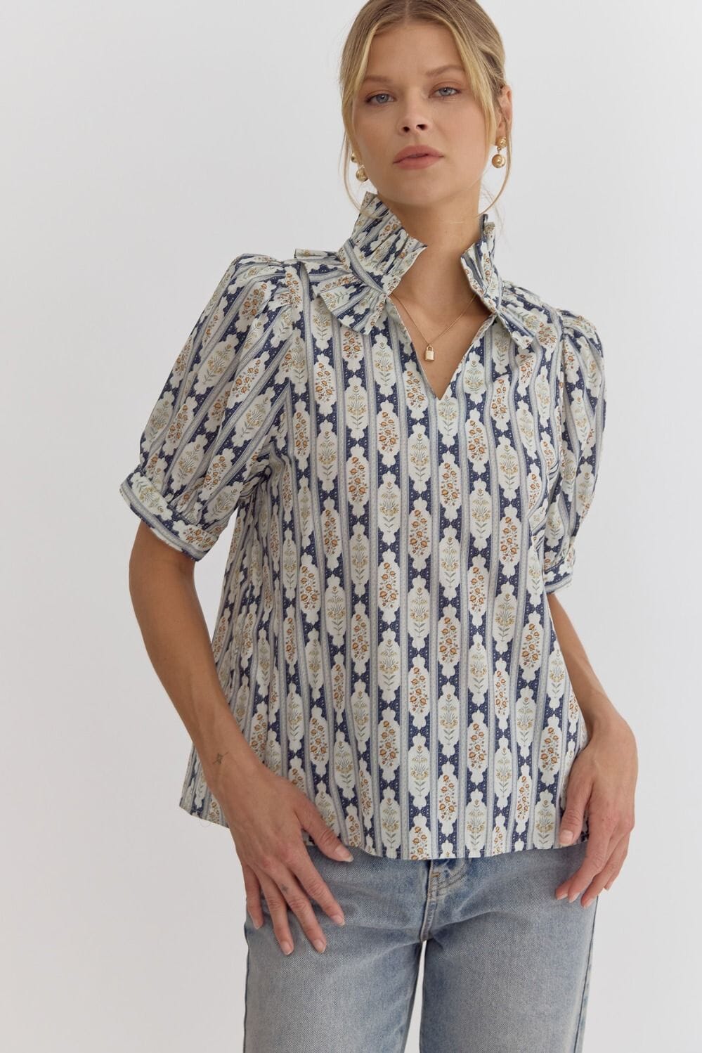 Frilled Neck Medallion Print Top Entro