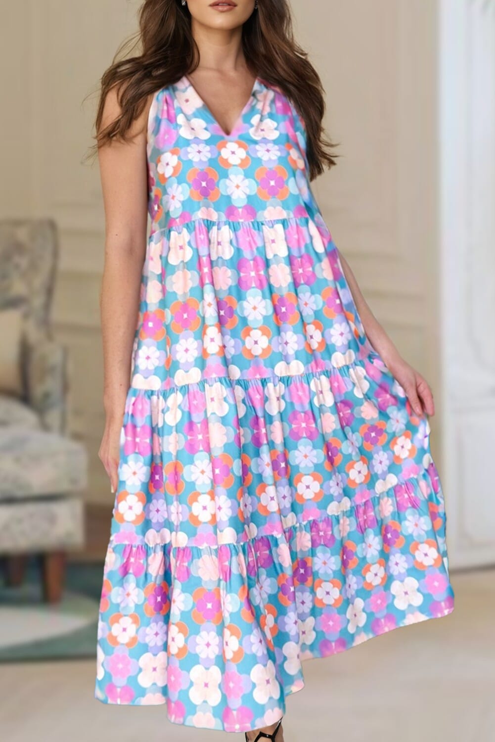 Frilly Split Neck Sleeveless Tiered Maxi Dress Shiying