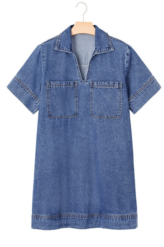 Front Pocket Collared Denim Dress Shewin