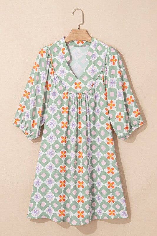Geo Floral 3/4 Sleeve Dress Shewin