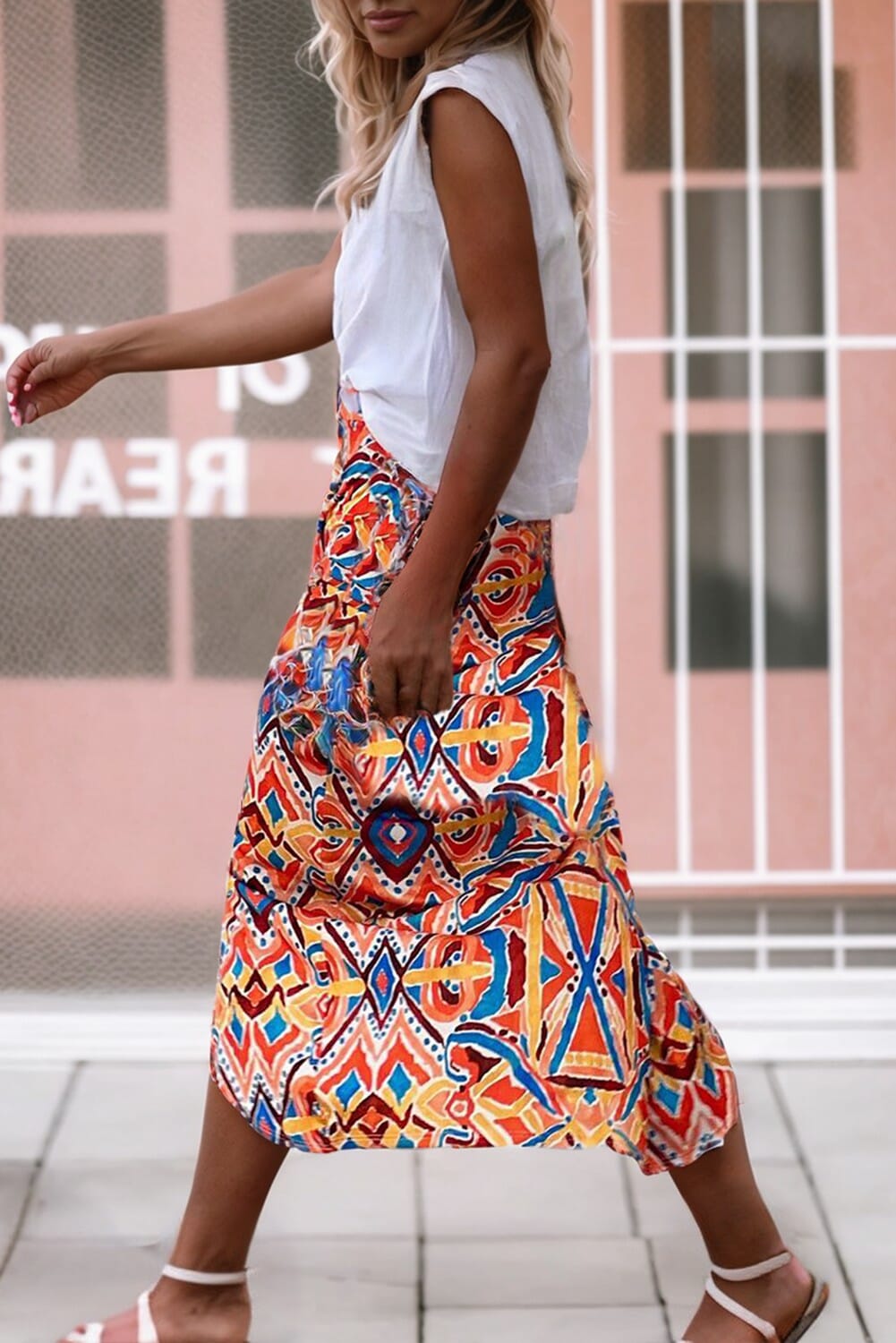 Geometric Abstract Print Slit High Waist Skirt Kentce