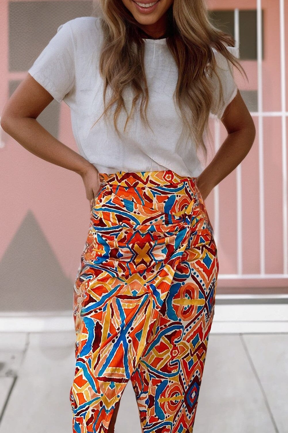 Geometric Abstract Print Slit High Waist Skirt Kentce