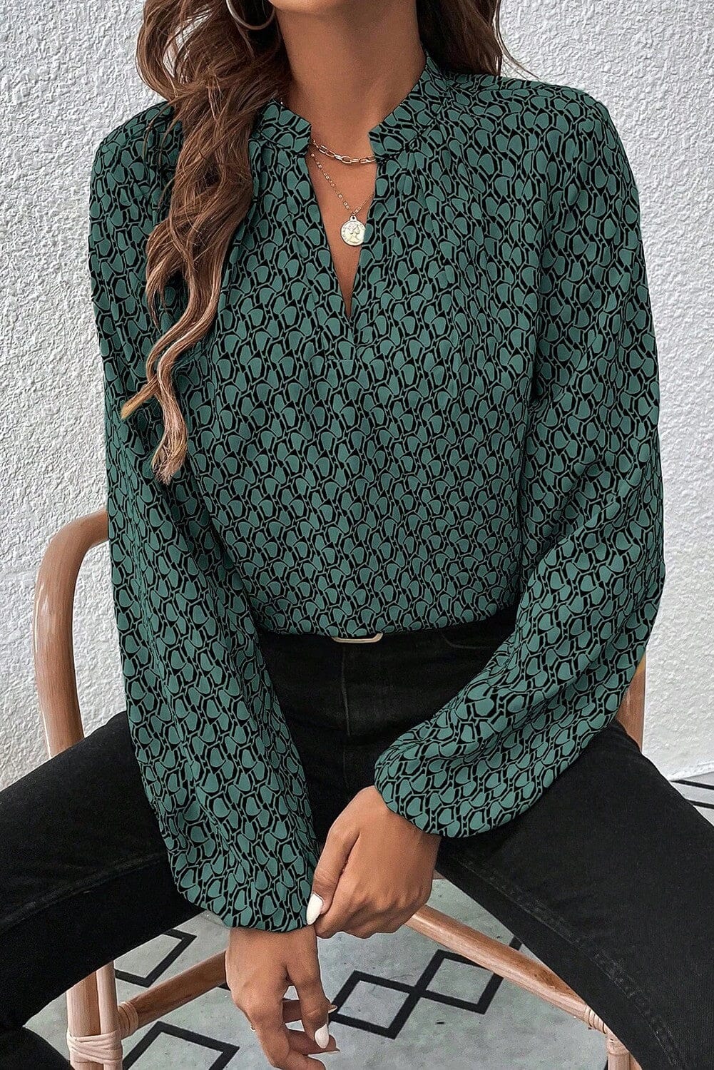 Geometric Print Notched Neck Puff Sleeve Blouse Kentce
