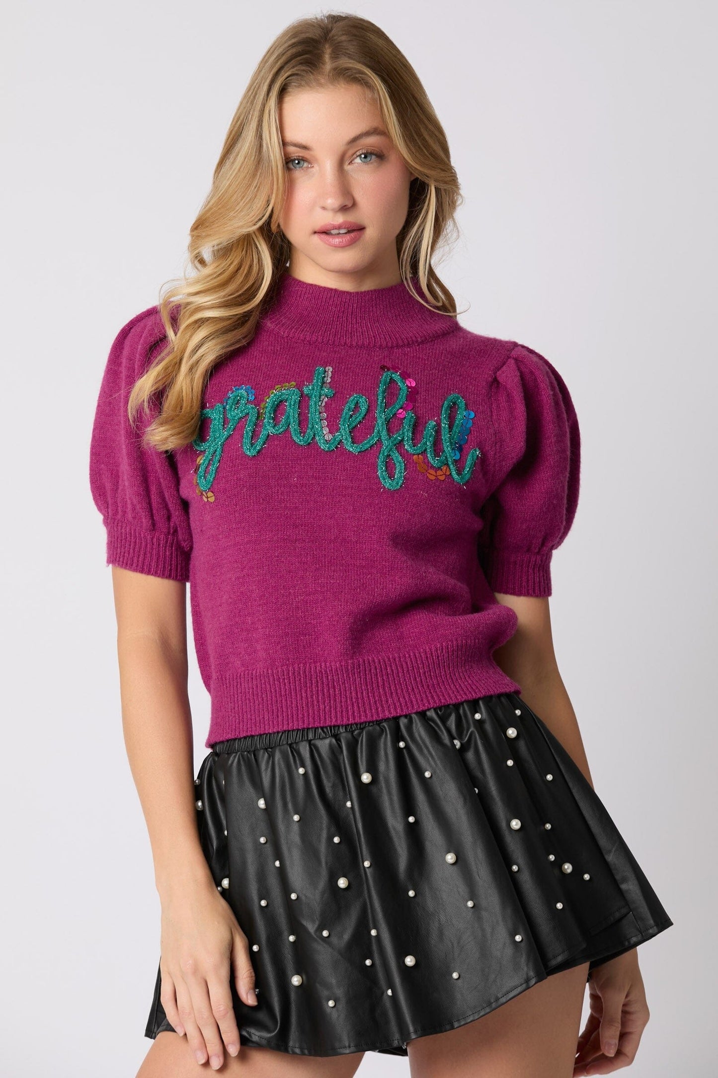 'Grateful' Puff Short Sleeve Sweater peach love california