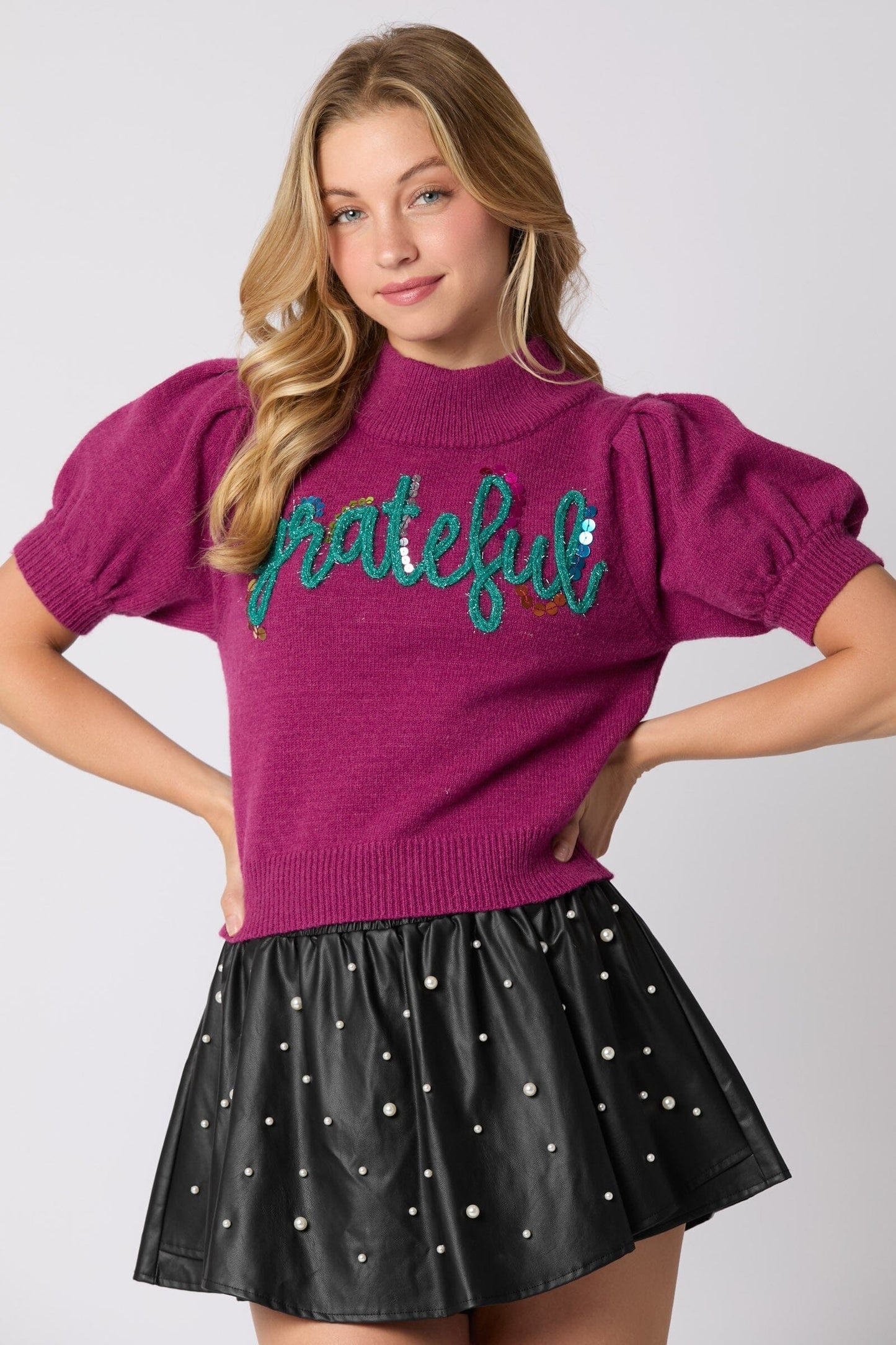 'Grateful' Puff Short Sleeve Sweater peach love california