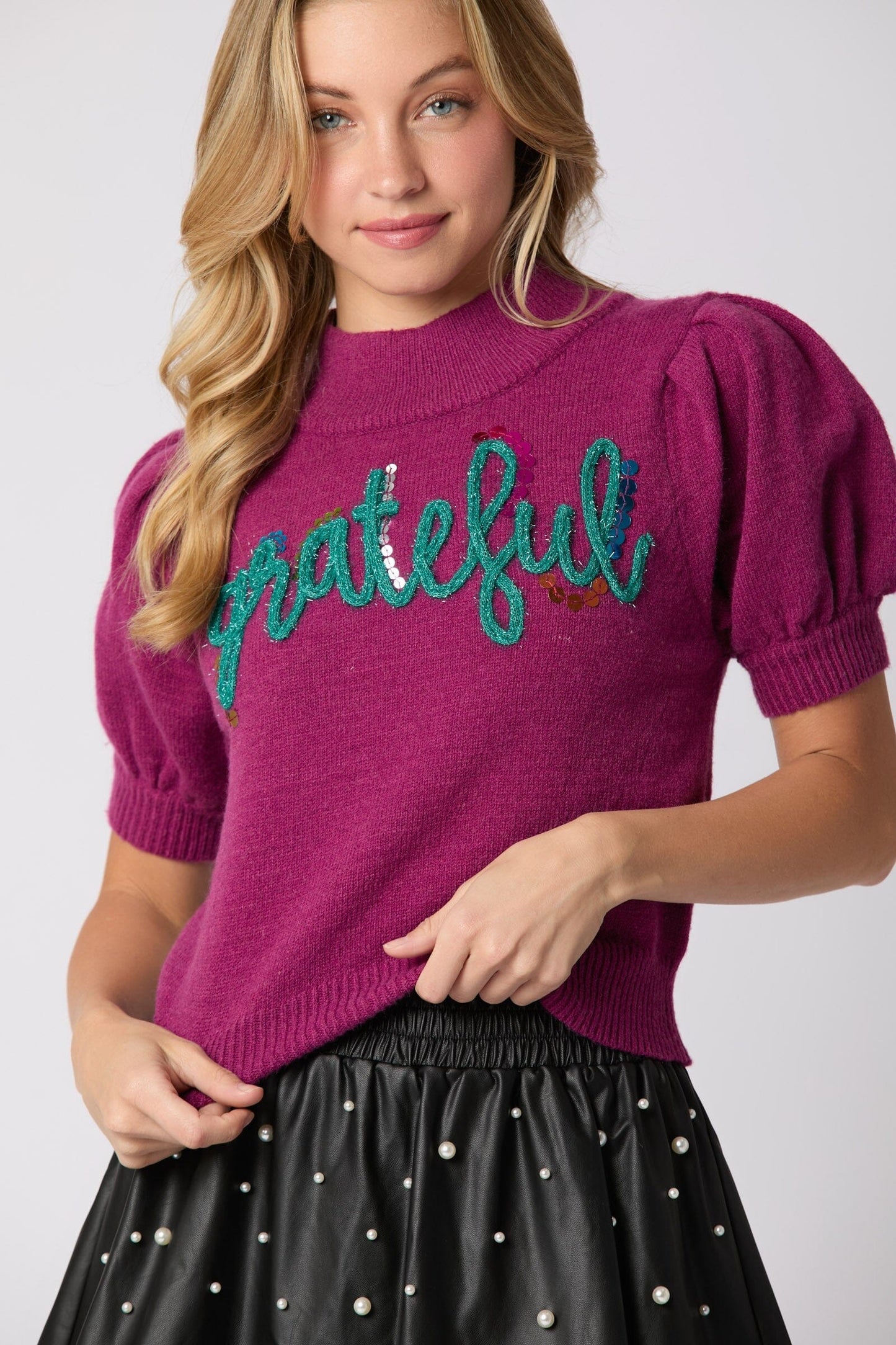'Grateful' Puff Short Sleeve Sweater peach love california