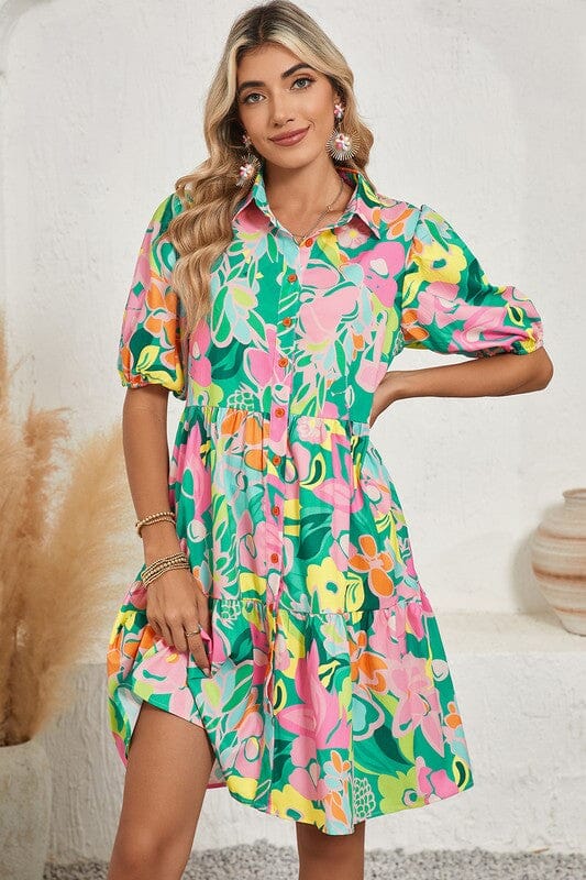 Green and Pink Floral Button Down Dress Shewin