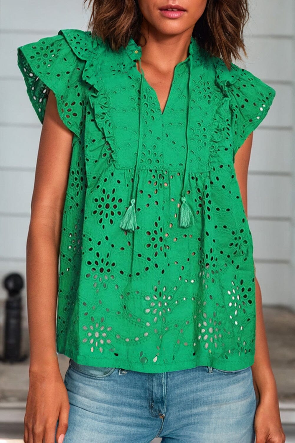Green Cut-out V Neck Tassels Ruffle Top Kentce