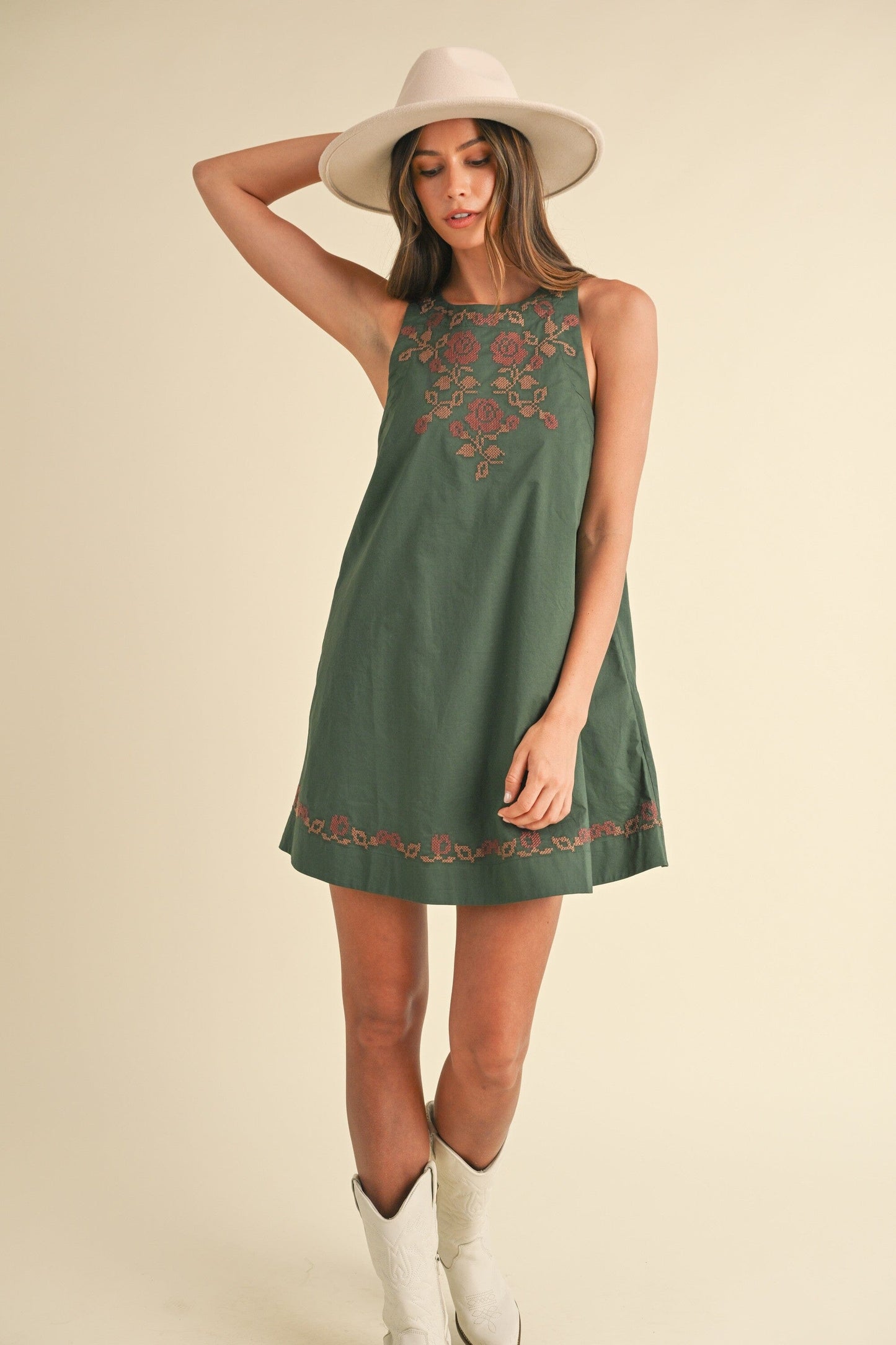 Green Embroidered Fall Sleeveless Dress Mable