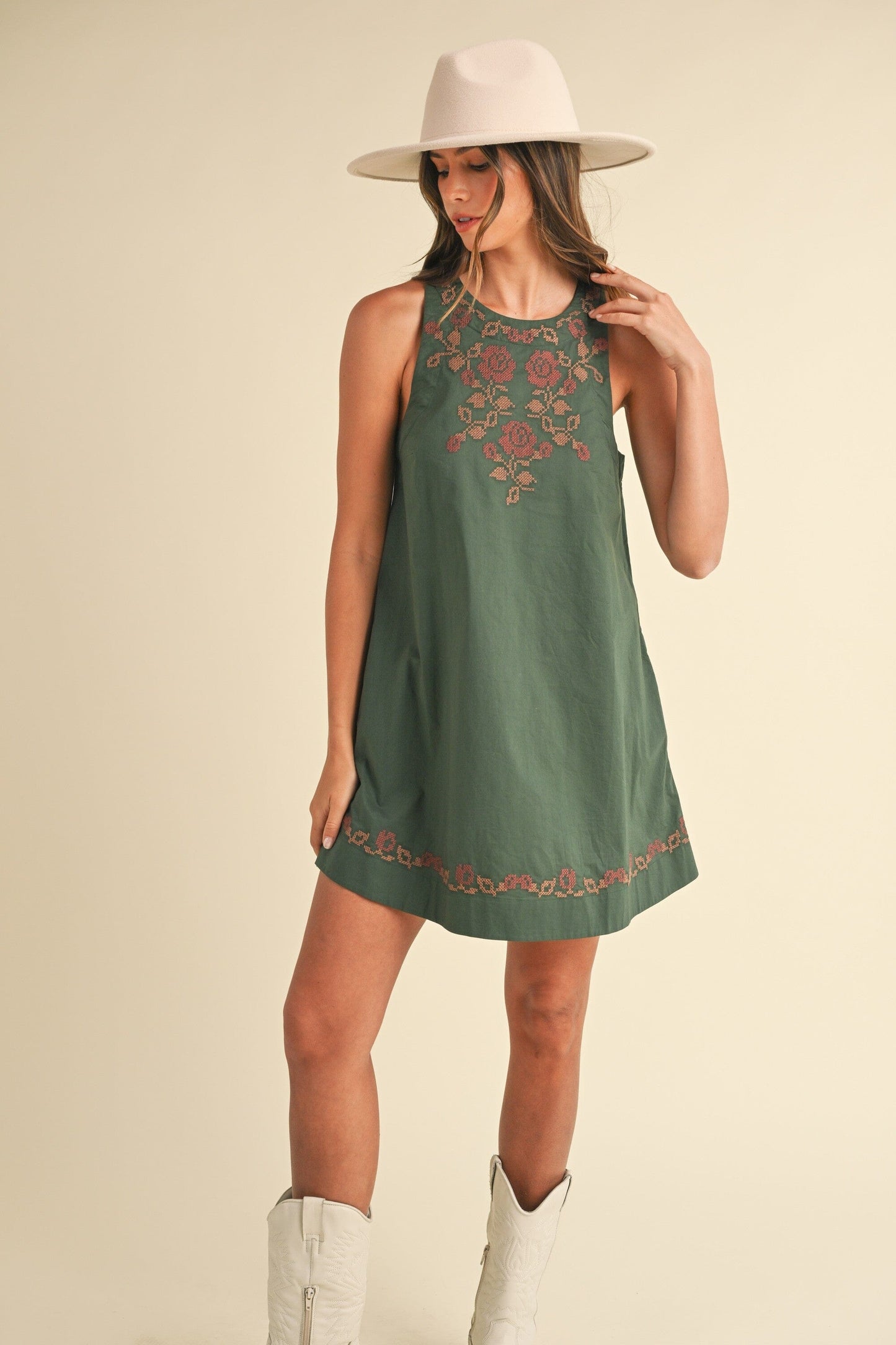 Green Embroidered Fall Sleeveless Dress Mable