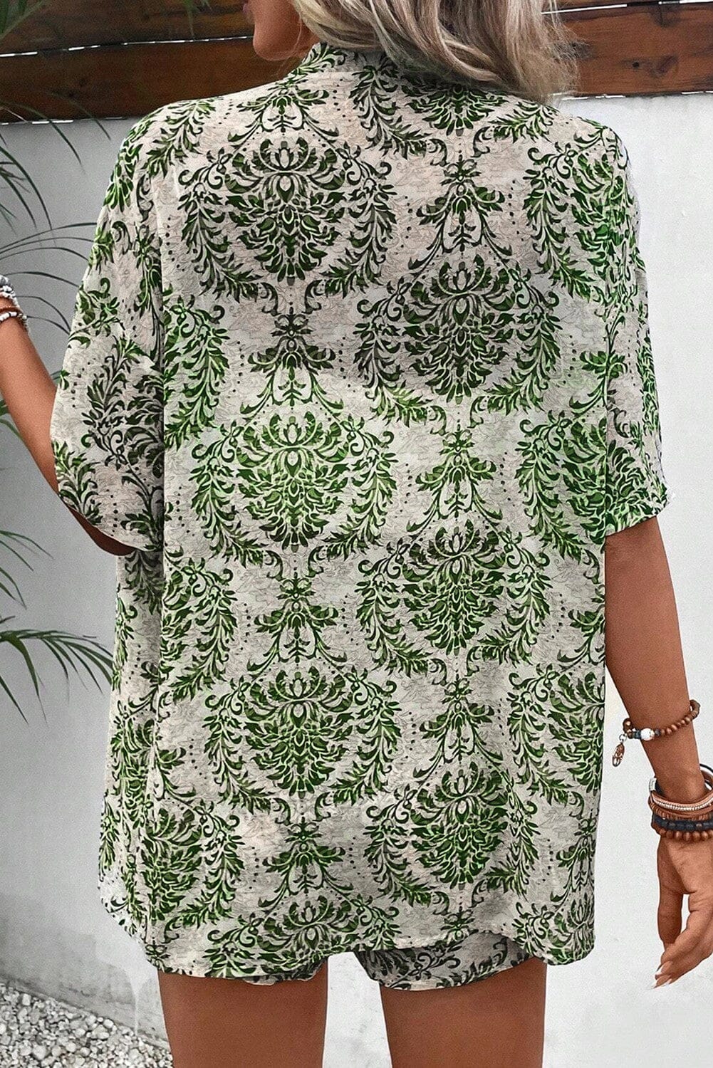 Green Floral Shirt and Drawstring Shorts Set Kentce