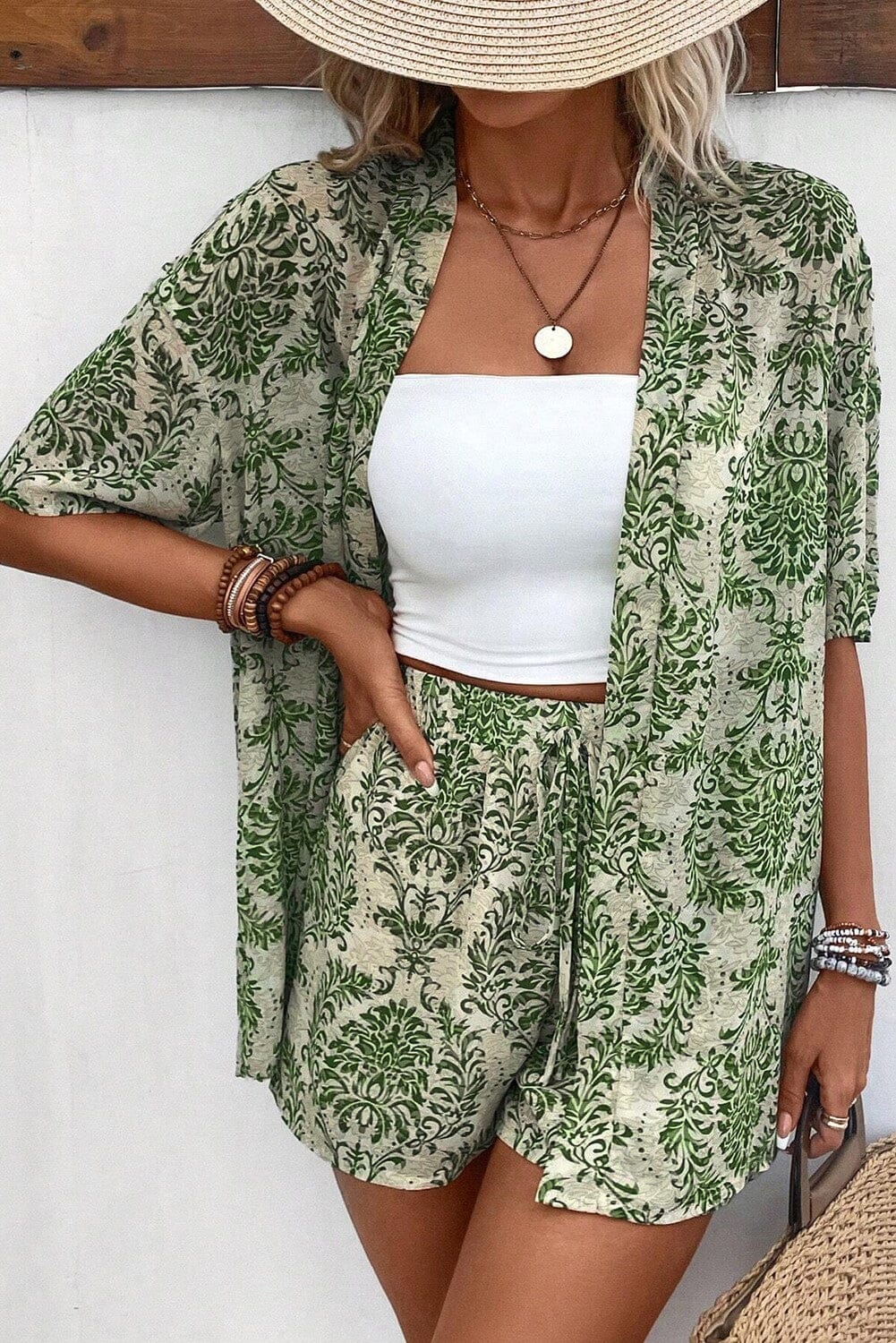 Green Floral Shirt and Drawstring Shorts Set Kentce
