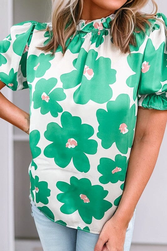 Green Flower Puff Sleeve Top Shewin