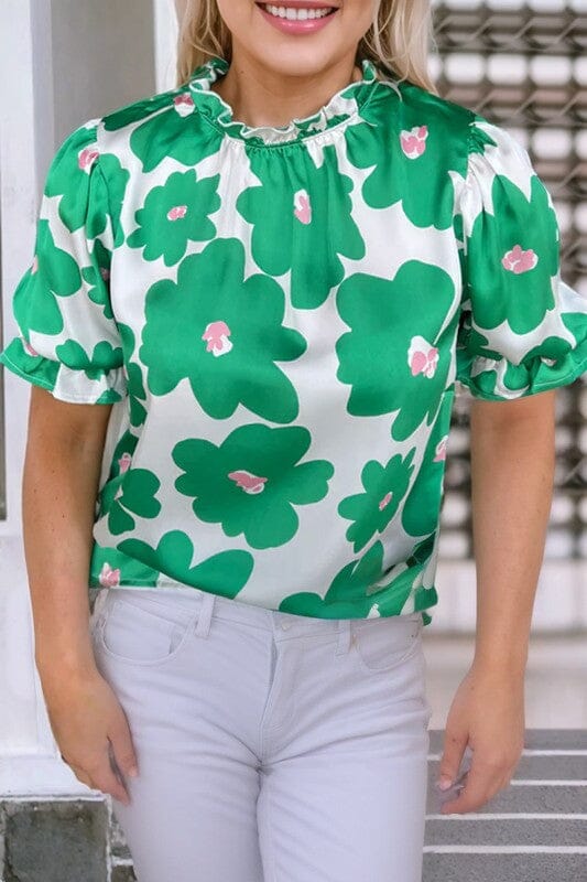 Green Flower Puff Sleeve Top Shewin