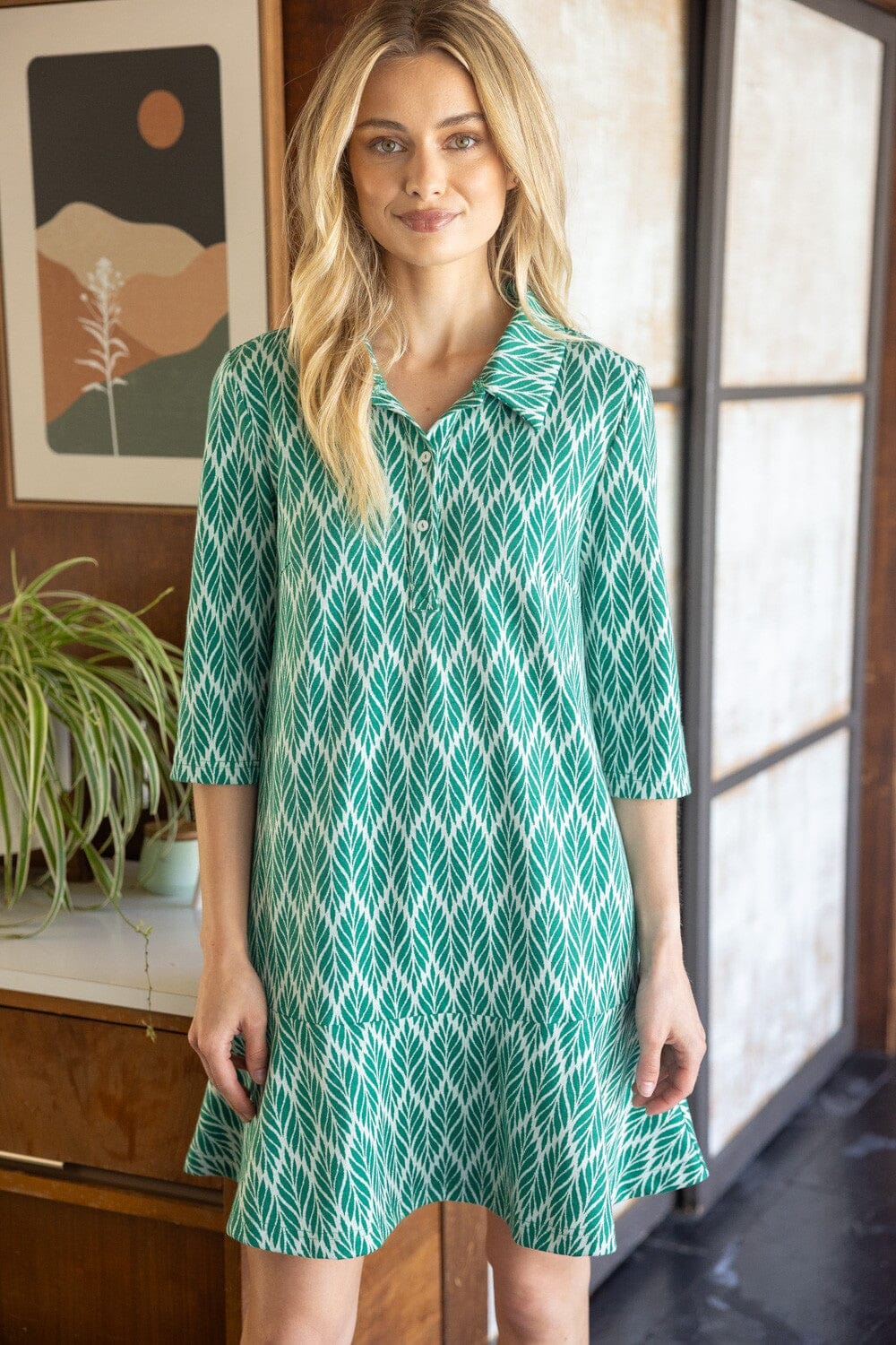 Green Print Collared Knit Flare Dress voy