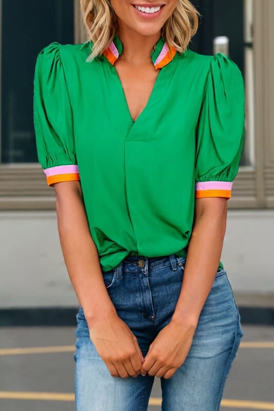 Green Puff Sleeve Top with Pink Detail Kentce