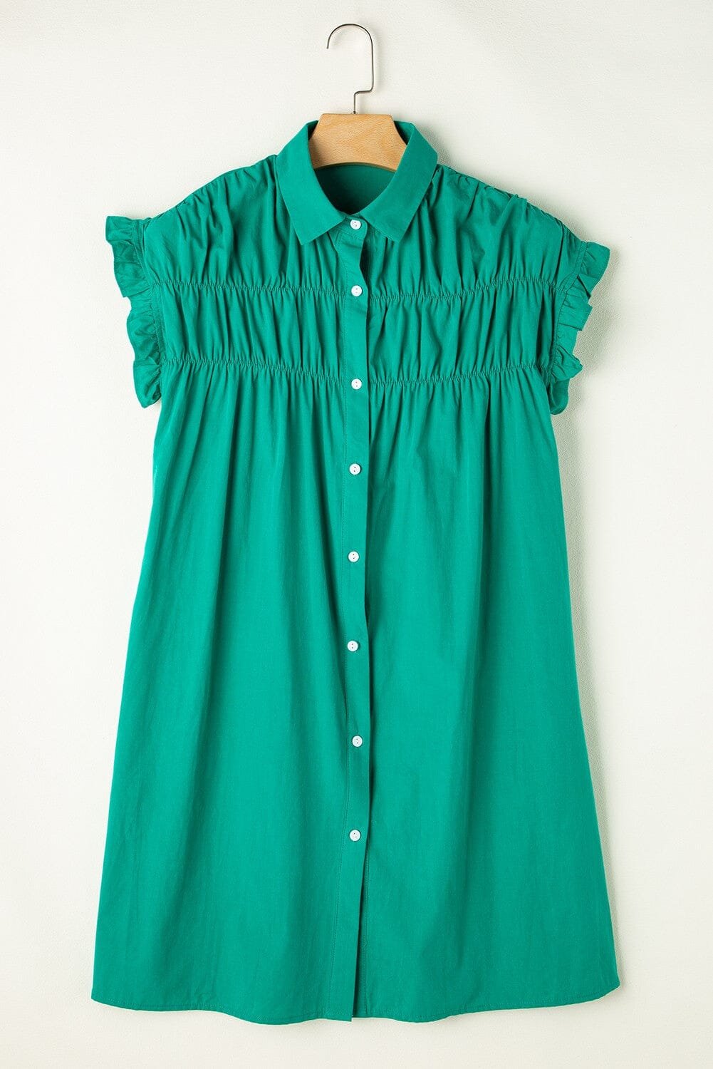 Green Shirred Ruffle Sleeve Button Up Dress jupiter and me