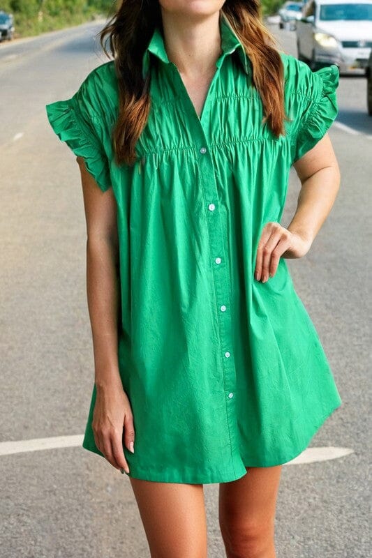 Green Shirred Ruffle Sleeve Button Up Short Dress Kentce