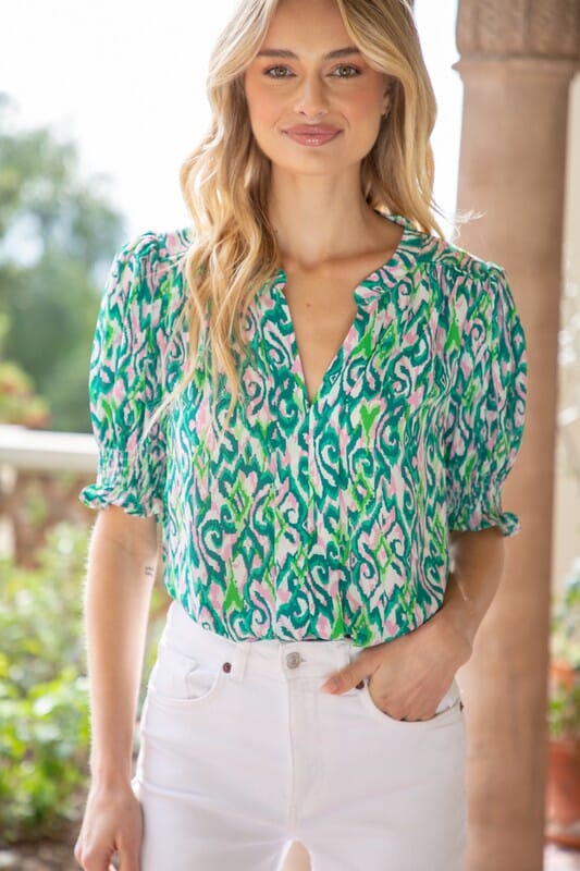 Green Swirl Smocked Sleeve Top Voy