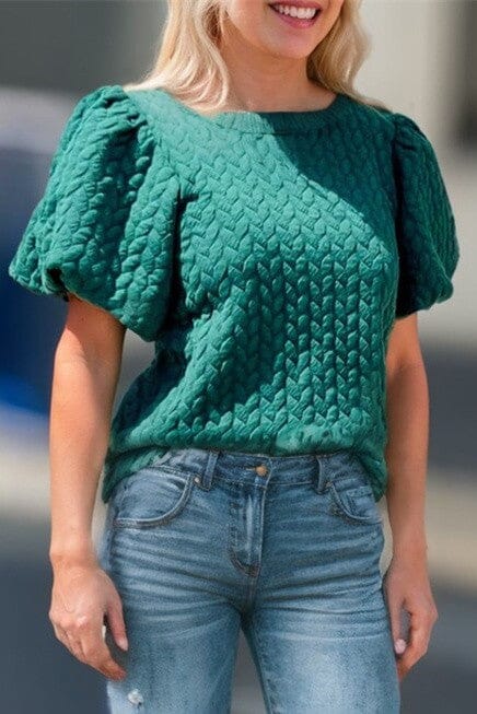 Green Textured Puff Sleeve Top Kentce