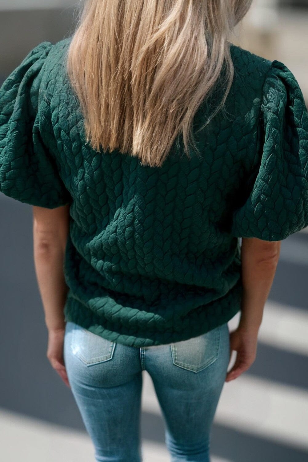 Green Textured Puff Sleeve Top Kentce