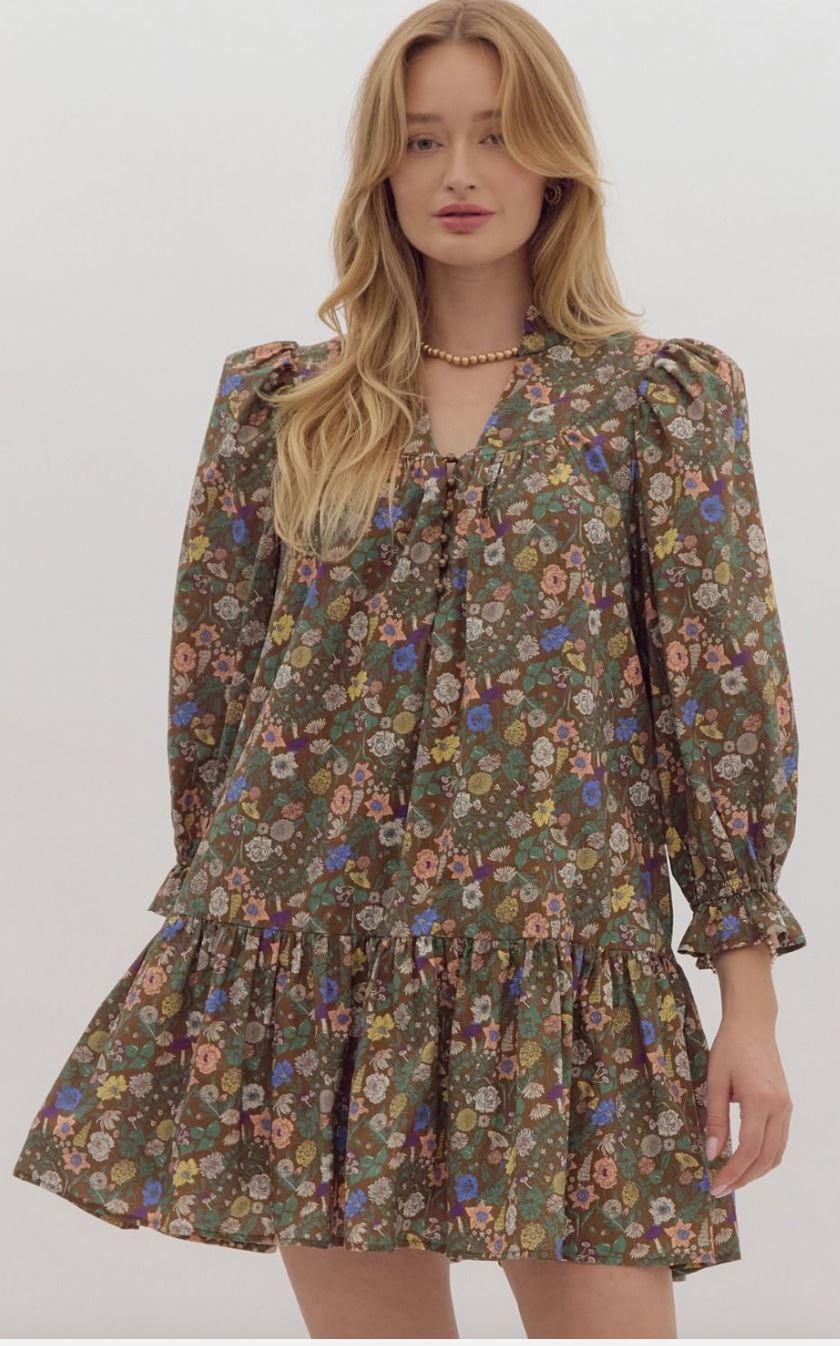Green/Purple/Peach Fall Floral Dress entro