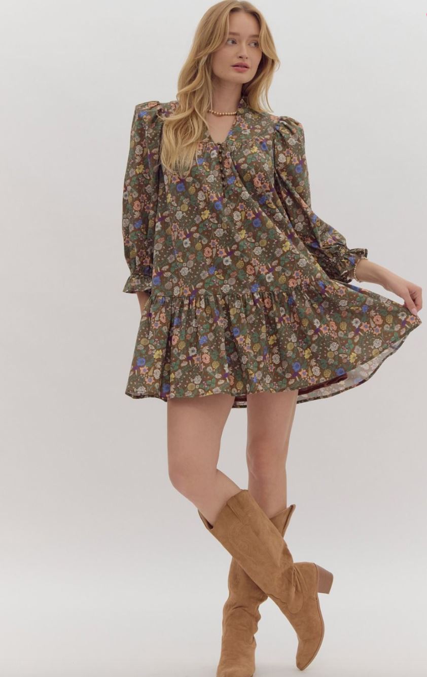Green/Purple/Peach Fall Floral Dress entro