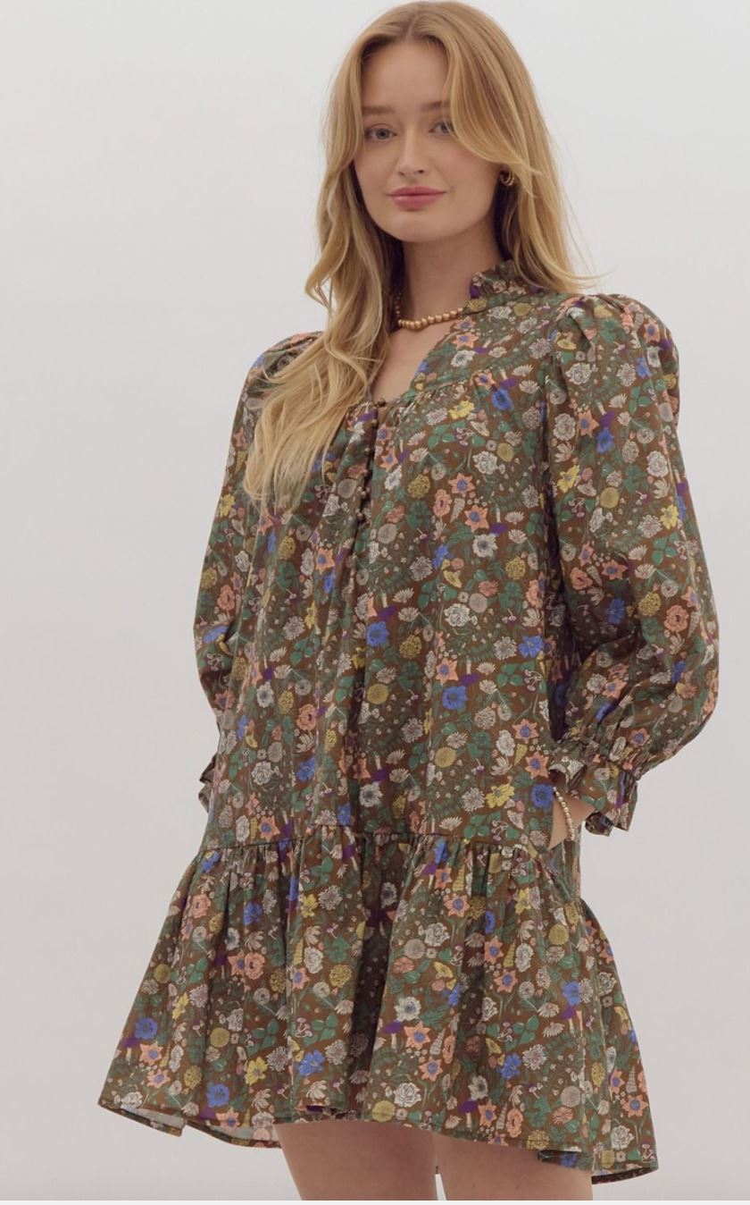 Green/Purple/Peach Fall Floral Dress entro