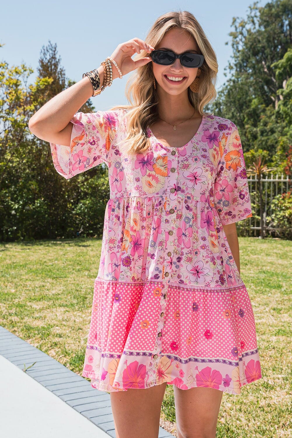 Hibiscus Floral Print Ruffle Mini Dress Shewin