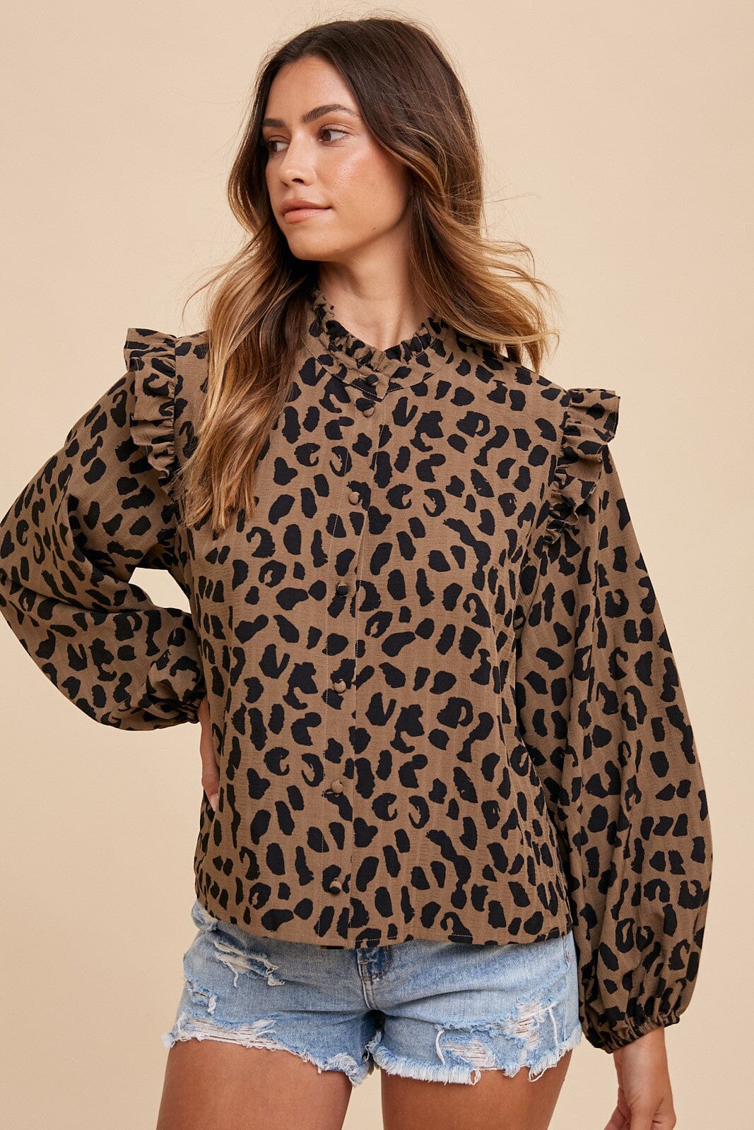 HIGH NECK FRILL DETAIL BACK BUTTON BLOUSE annie wear