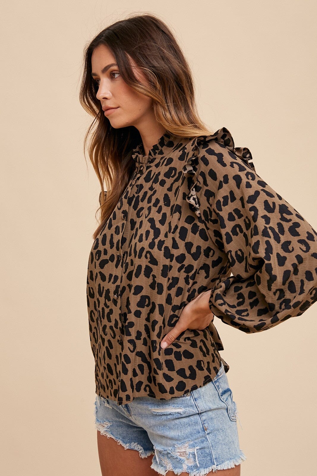 HIGH NECK FRILL DETAIL BACK BUTTON BLOUSE annie wear