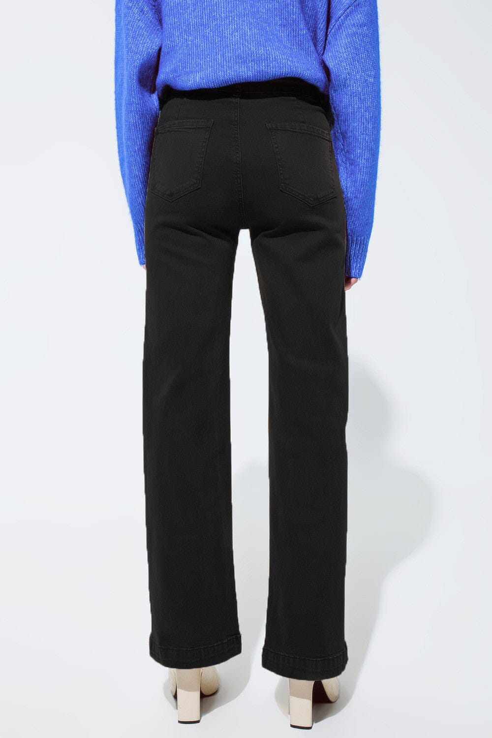 HIGH WAISTED FRONT POCKETS FLARE JEANS IN BLACK Q2