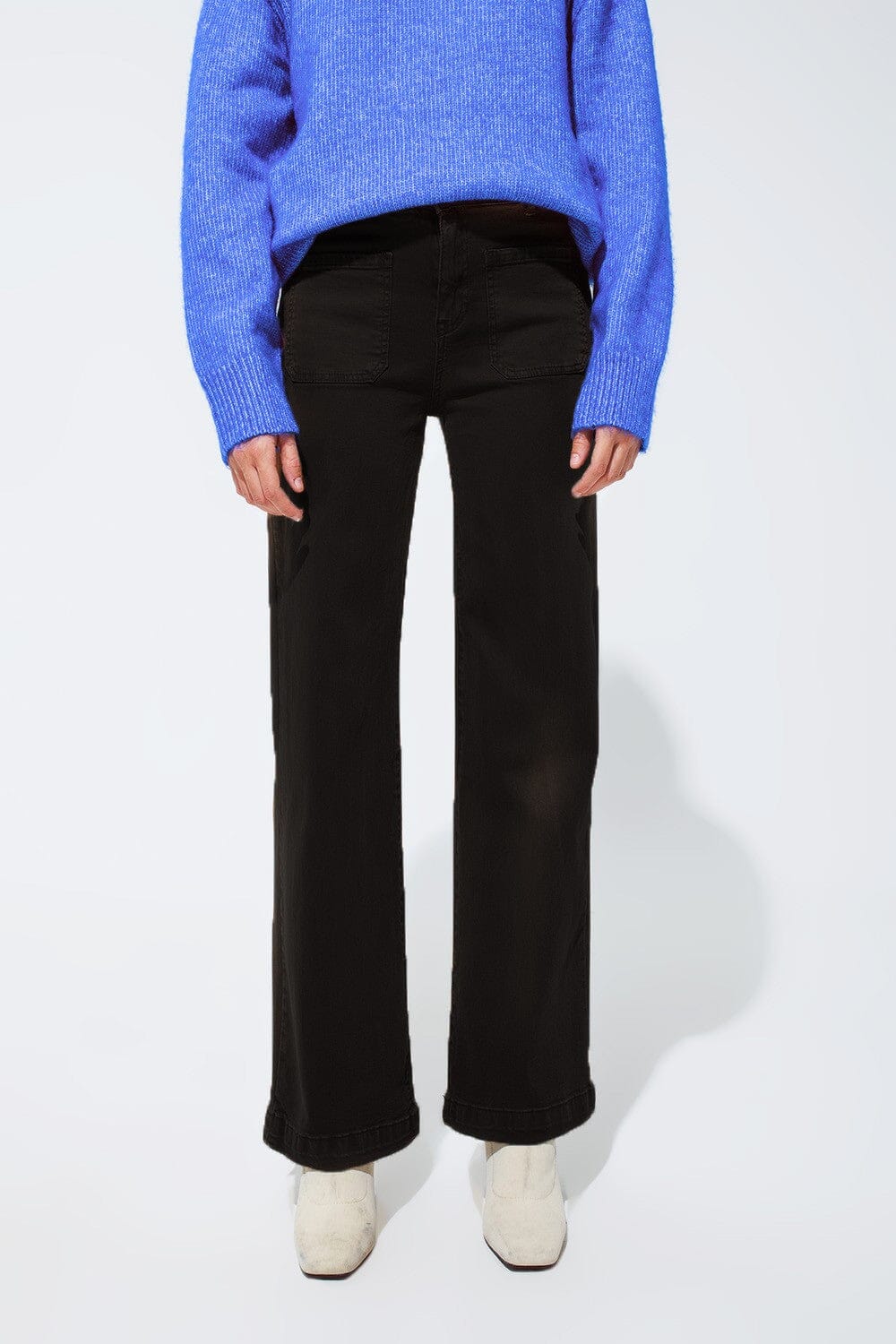 HIGH WAISTED FRONT POCKETS FLARE JEANS IN BLACK Q2