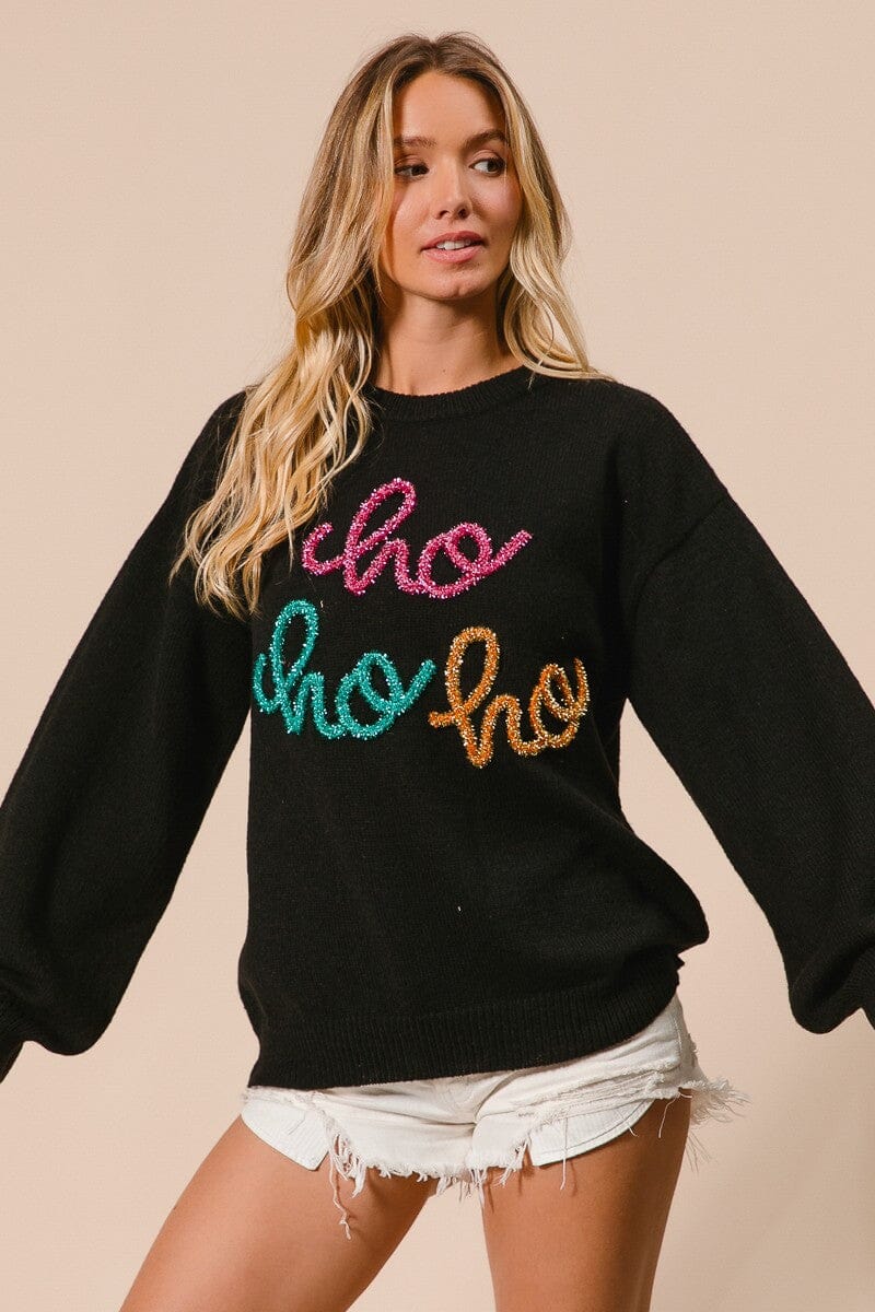 HO HO HO METALLIC TINSEL SWEATER BIBI