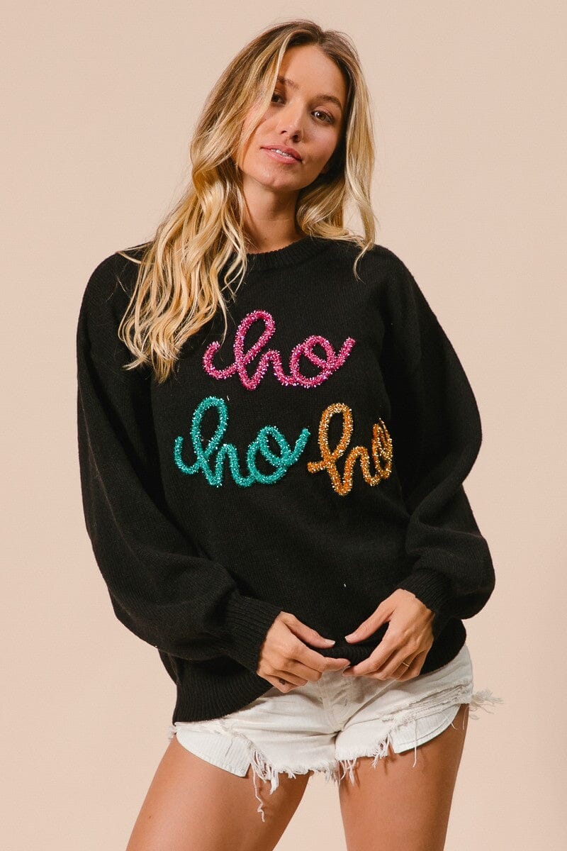 HO HO HO METALLIC TINSEL SWEATER BIBI