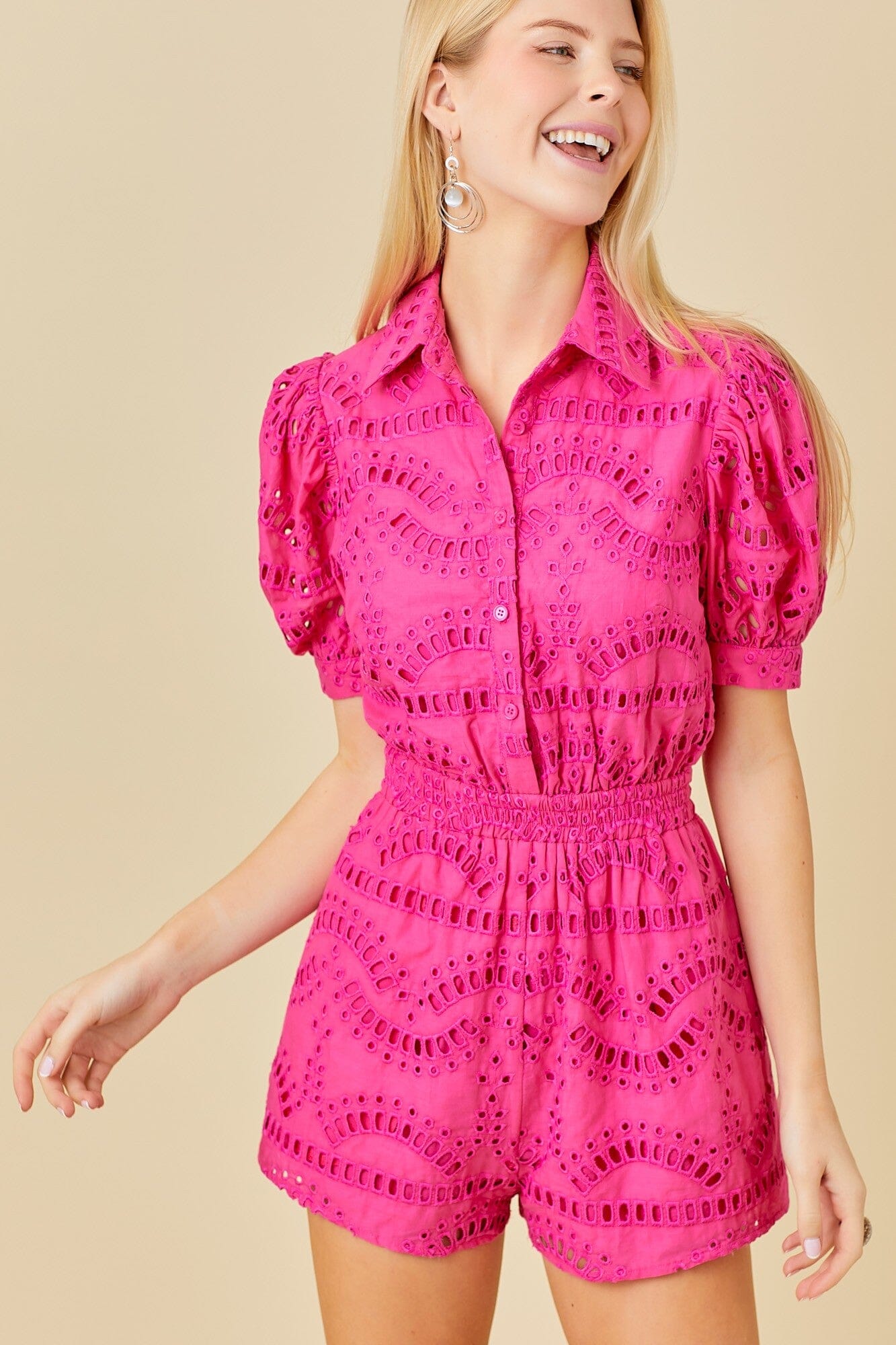 Hot Pink Eyelet Lace Puff Sleeve Romper Main Strip