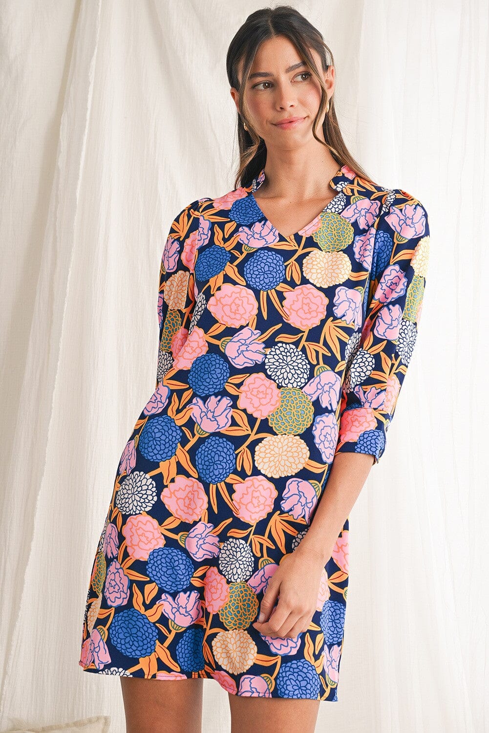 Hydrangea Floral V Neck Puff Sleeve Dress shewin
