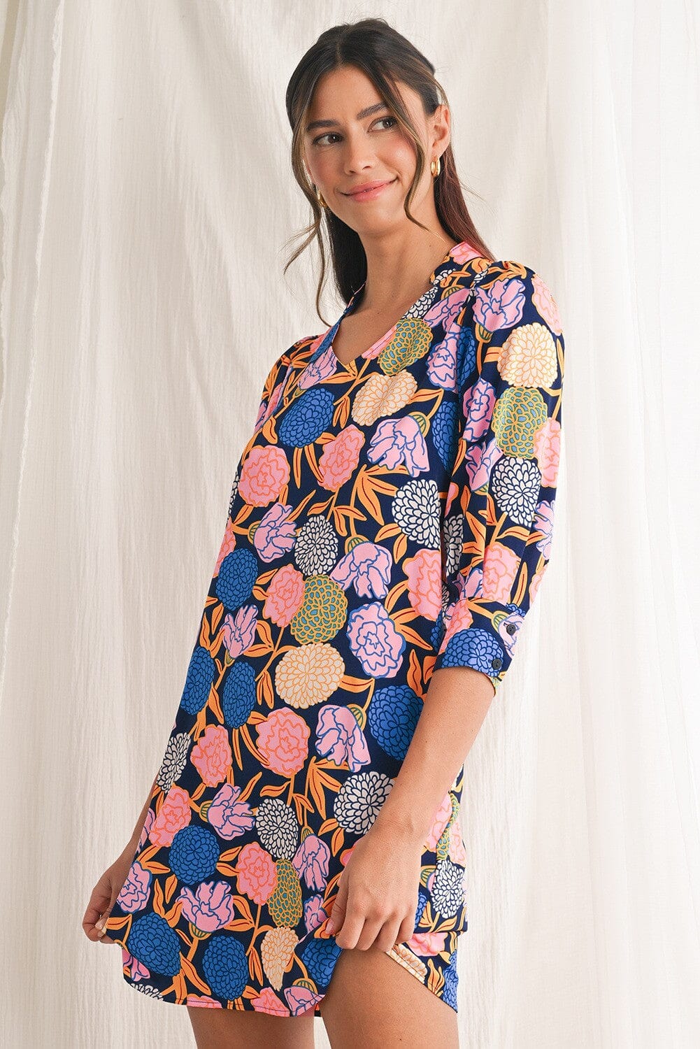 Hydrangea Floral V Neck Puff Sleeve Dress shewin