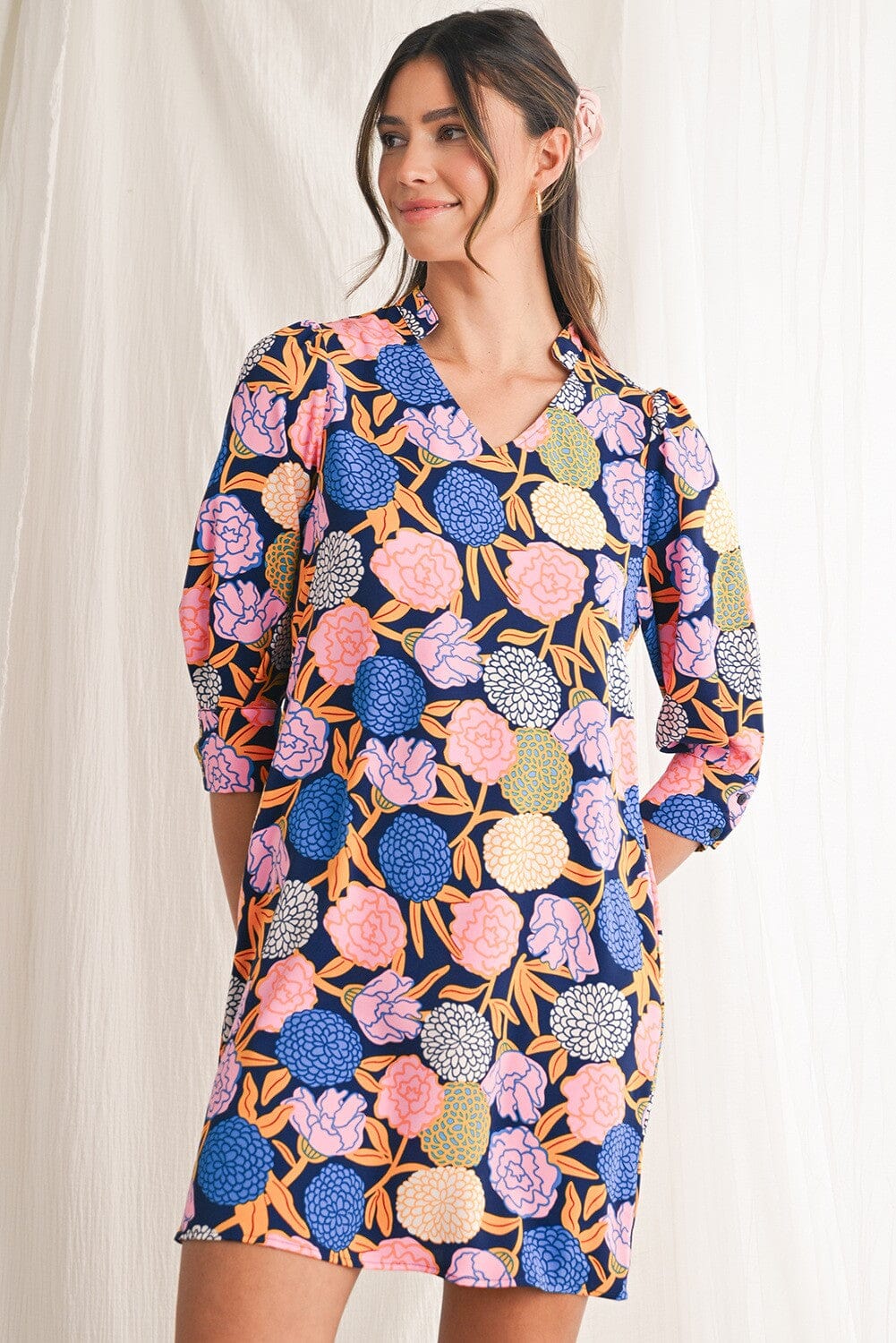 Hydrangea Floral V Neck Puff Sleeve Dress shewin
