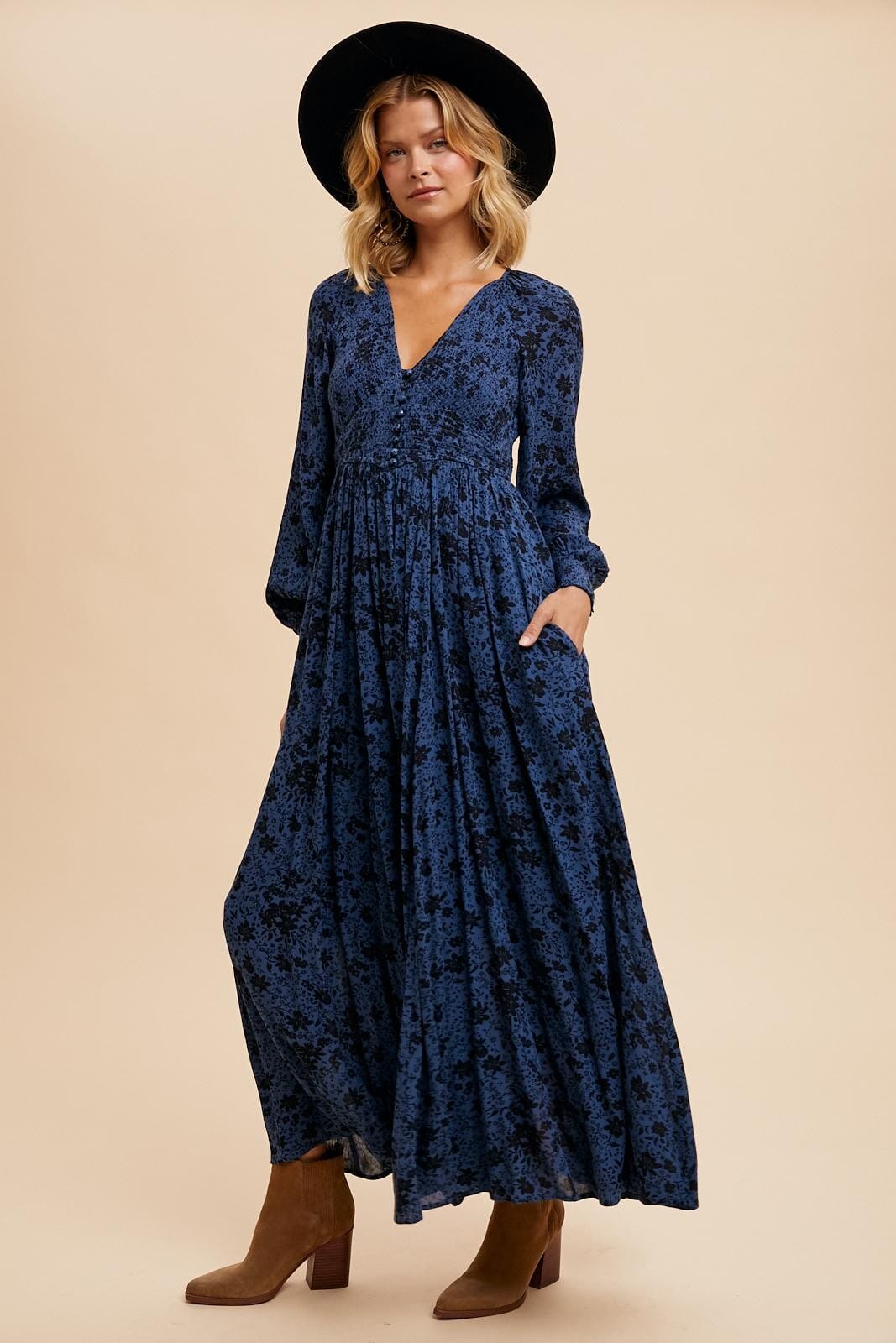 Indigo Smocked Chest Floral Maxi In Loom