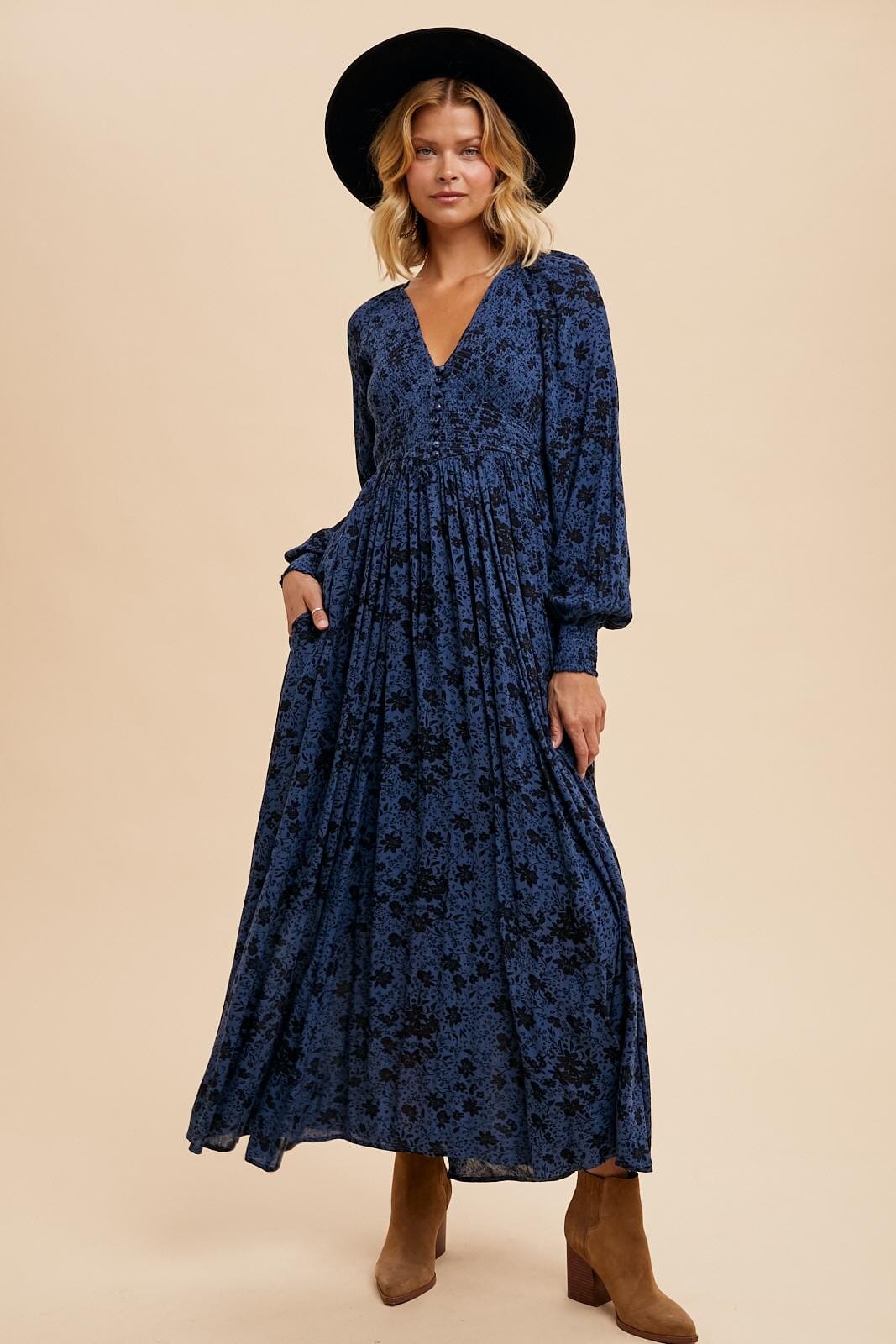 Indigo Smocked Chest Floral Maxi In Loom