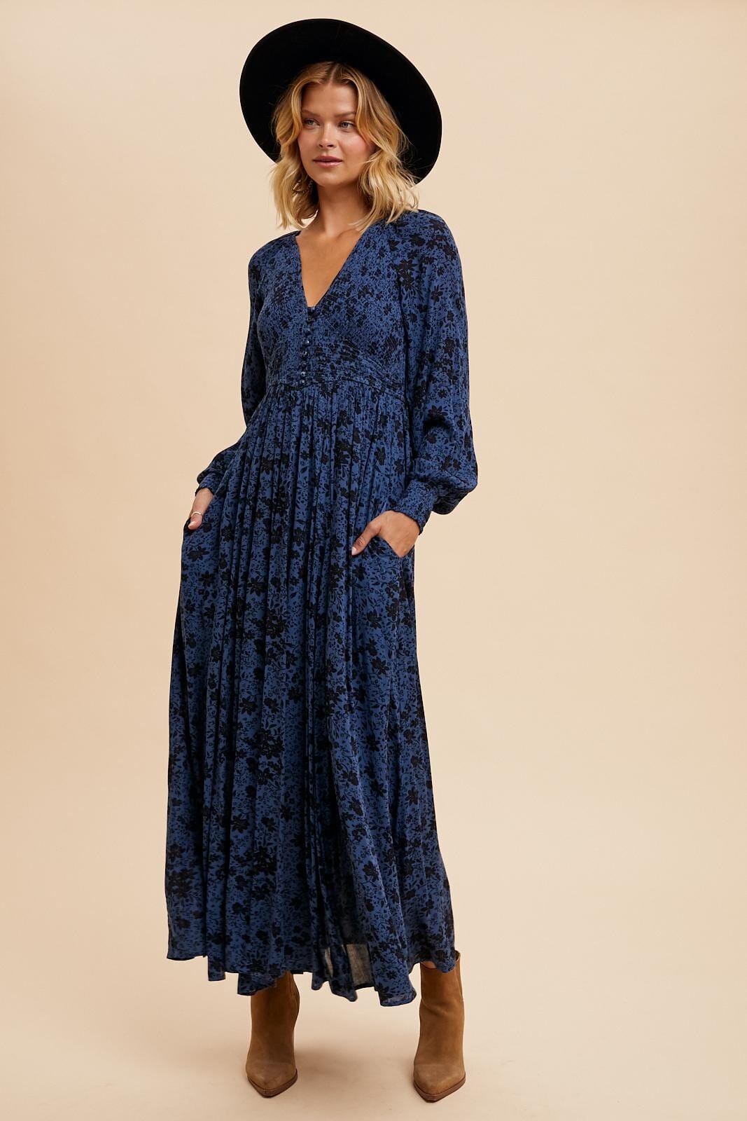 Indigo Smocked Chest Floral Maxi In Loom