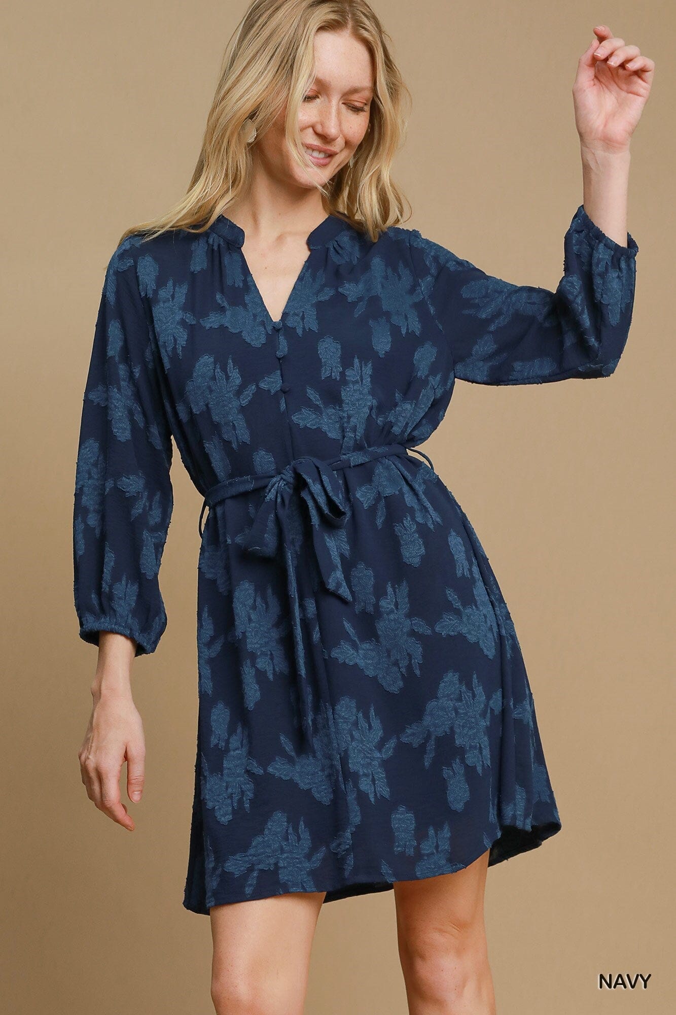 Jacquard Floral Tie Waist Dress Umgee