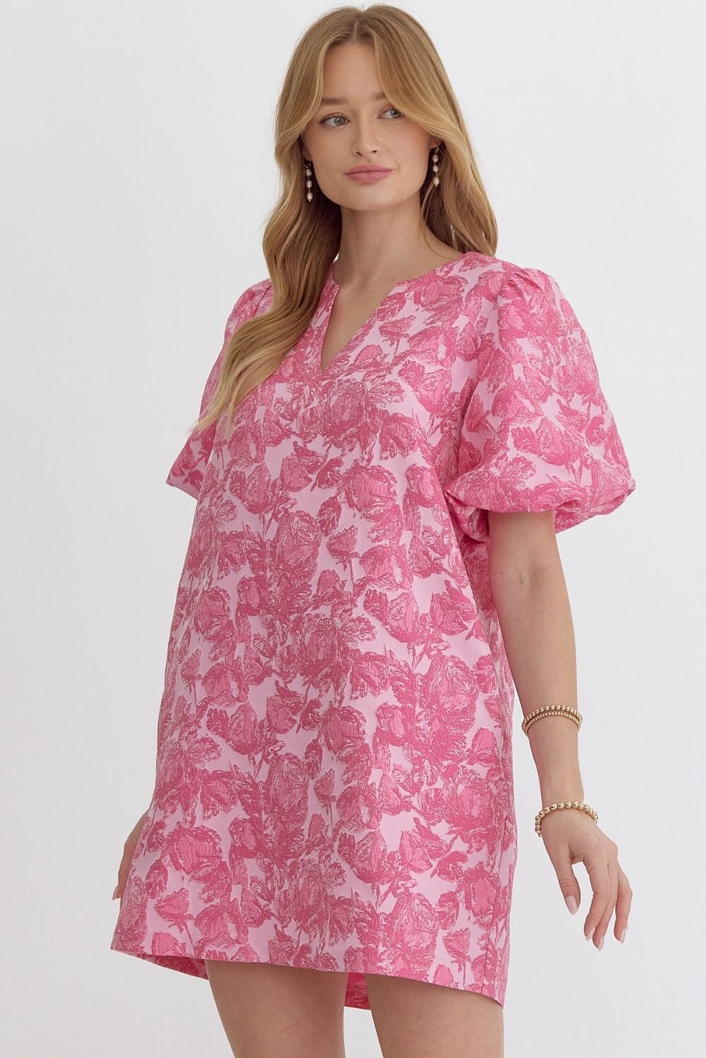 Jacquard Puff Sleeve Shift Dress entro