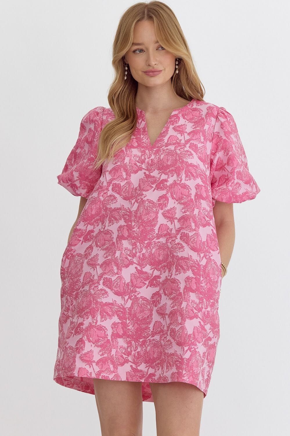 Jacquard Puff Sleeve Shift Dress entro